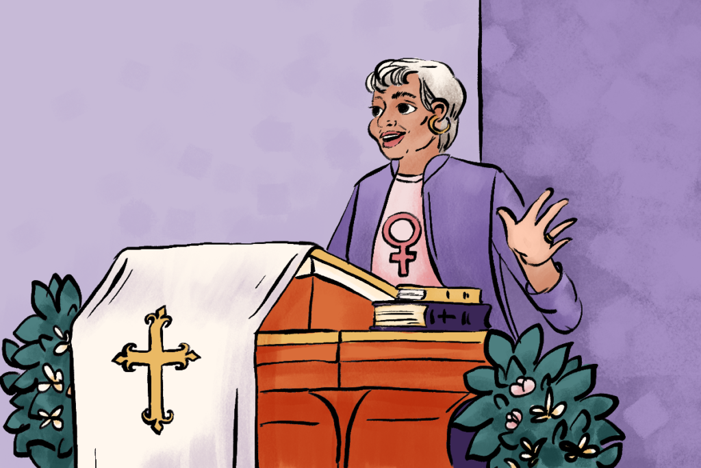 ilustracion sobre teologia feminista muestra a mujer mayor tras un pulpito usando una camisa con el simbolo de mujer feminista_agar estudio