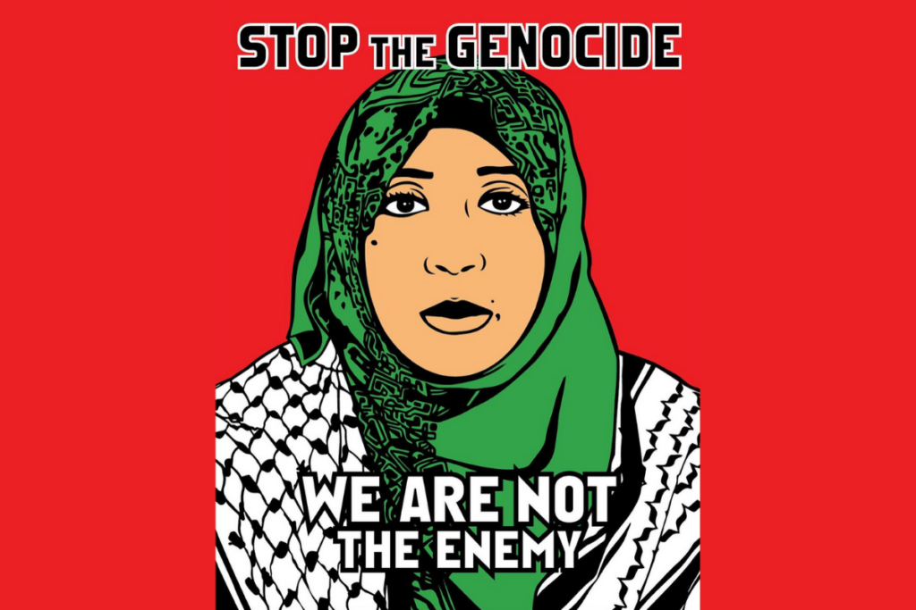 Arte por Favianna Rodriguez @Favianna1 | La mujer que aparece en el arte es Heba Zagout. Heba y sus dos hijos murieron en su casa, en la Franja de Gaza, por un ataque aéreo israelí el viernes,13 de octubre de 2023, muestra del genocidio en Palestina. | Columna No normalicemos la crueldad